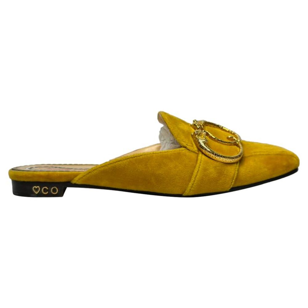 Charlotte Olympia Buckle Detail Mules in Yellow Velvet